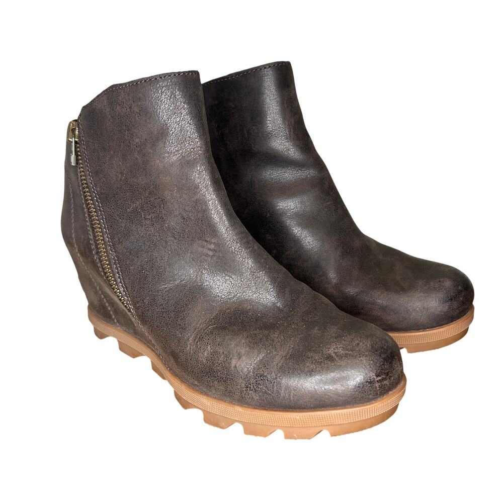Sorel Women 10 Boots Joan Of Arctic Wedge Ankle Bootie Brown Leather Zip Preppy